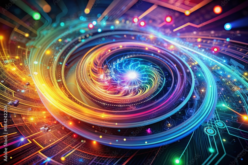 Poster vibrant colorful swirling spirals of light and circuit board patterns converge in a futuristic abstr