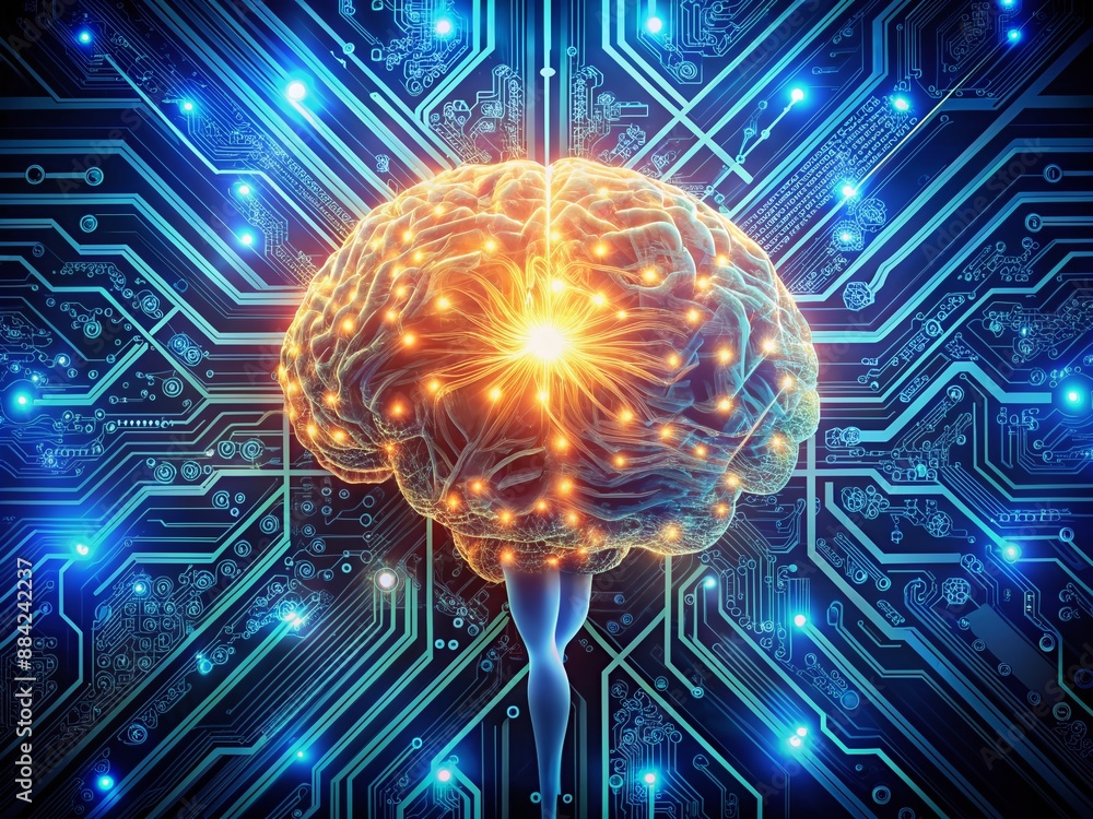 Aufkleber futuristic illustration of a glowing brain merged with a complex motherboard, surrounded by circuits