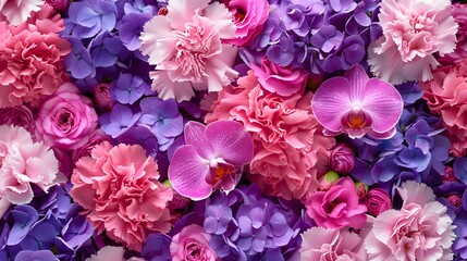 Obraz premium Colorful flower bouquet background made of pink and purple carnation and orchid flowers wall for background and wallpaper. 