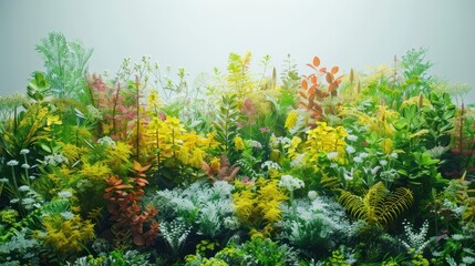 Obraz premium A hidden garden where plants grow in impossible shapes and colors, in white background