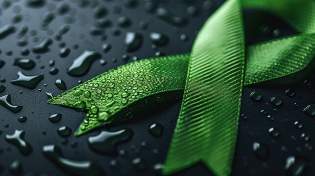 Close-Up of Green Ribbon on Wet Surface with Water Droplets - Symbol of Awareness and Support