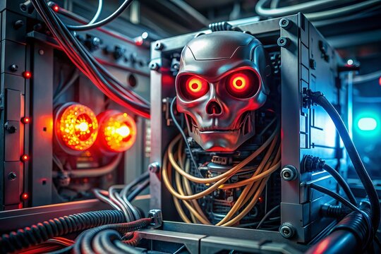 A menacing robotic device with glowing red eyes infiltrates an open computer case, cables tangled around its metal body, suggesting a catastrophic cyber breach scenario.
