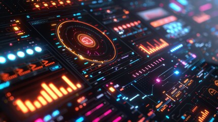 Futuristic 3D Dashboard with Neon Lights and Holographic Business Metrics Visualization