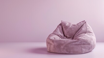 A cozy bean bag chair with a plush fabric cover, positioned in a corner against a backdrop of soft lavender, offering a casual and comfortable seating option for lounging.