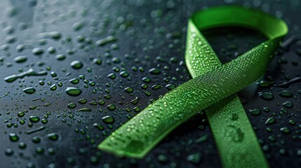 Green Awareness Ribbon on Water Droplet Covered Surface