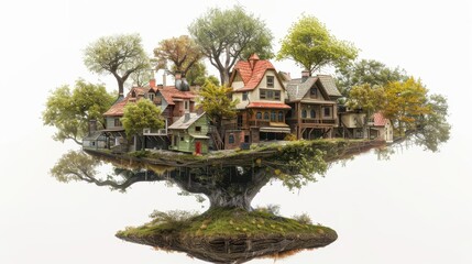 Obraz premium A hidden city built within the branches of a giant tree, its inhabitants living in harmony with nature, in white background