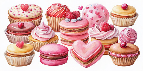 Vibrant watercolor illustration showcases assortment of sweet Valentine's Day treats, including heart-shaped macarons, cupcakes, and cookies, adorned with pastel colors and delicate designs.