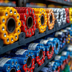 Colorful skateboard wheels on display shelves.