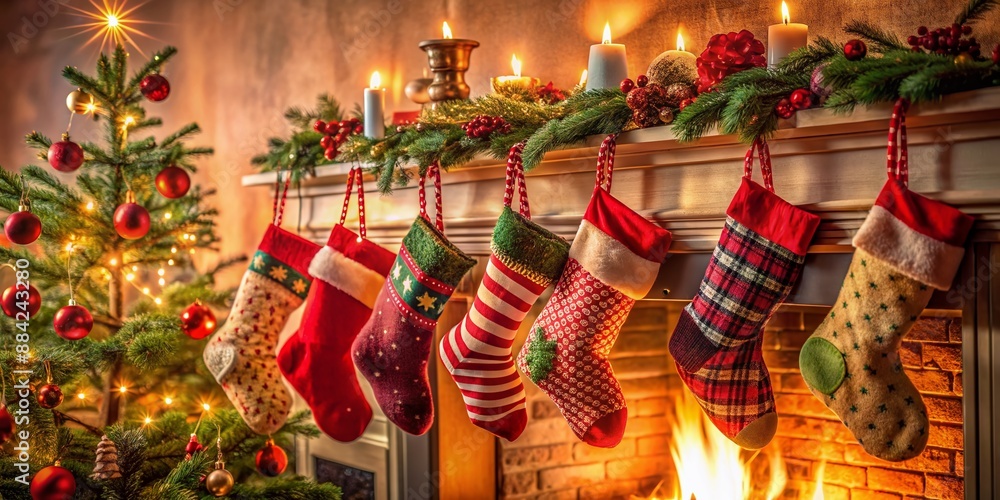 Sticker Traditional festive scene featuring six Christmas stockings hung on a decorated fireplace mantle in a warm, inviting room filled with nostalgic holiday decorations.