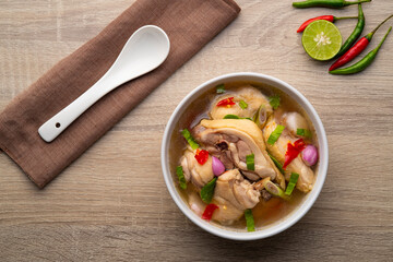 Tom yum Gai,Clear soup with Chicken,hot and sour taste,asian food.Top view