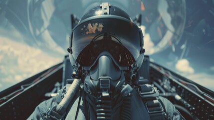 Fototapeta premium Pilot in Cockpit with Clouds Reflected in Visor