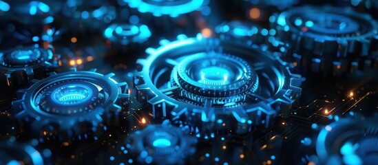 Closeup of Glowing Blue Cogs and Circuitry