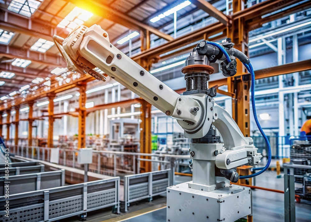 Poster modern automated industrial robot arm with metallic body and multiple joints performs precise tasks 