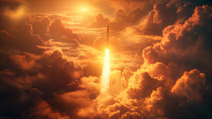 Obraz premium A rocket soaring through a dramatic sky filled with thick, billowing clouds. The rocket is propelled upwards by a fiery trail of flames, illuminating the surrounding clouds with a warm, golden hue