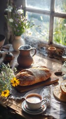 Fototapeta premium Fragrant hot bread on a wooden board surrounded by wild flowers and hot aromatic coffee on a wooden table