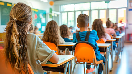 Back view of elementary classroom with young learners showing focus to the class. Perfect for back to school advertisement.