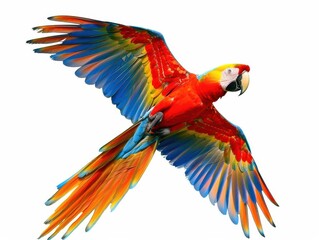 Fototapeta premium A colorful parrot is flying in the air. Isolated on white background.