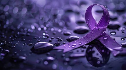 Purple Ribbon with Water Droplets on Reflective Surface in Dim Lighting