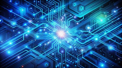 Fototapeta premium Vibrant blue tech digital abstract background featuring swirling patterns of circuit boards, wires, and neon lights, evoking a sense of futuristic innovation and technological advancement.