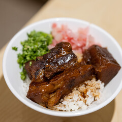 a bowl of white rice topped with two pieces of braised meat