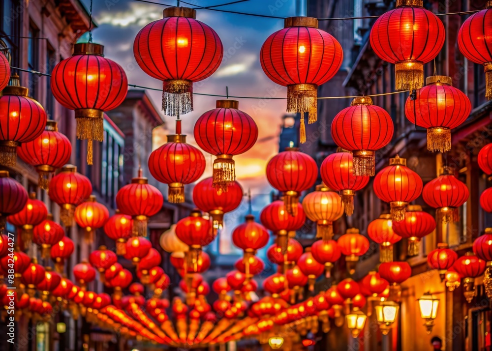 Sticker Vibrant red lanterns hang from buildings and street lamps, casting a warm, festive glow over deserted city streets during Lunar New Year celebrations.