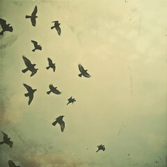 Fototapeta premium Silhouettes of birds flying in a cloudy sky with a vintage filter. Generated by AI.