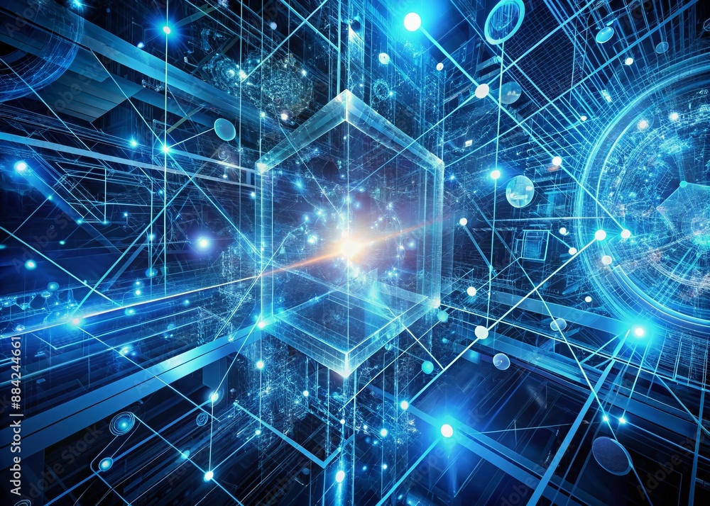 Poster intricate futuristic abstract blue digital technology background featuring complex network connectio