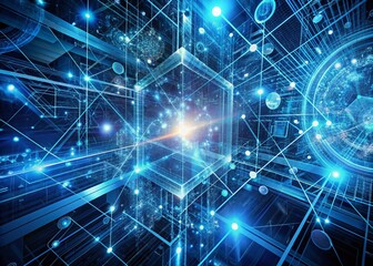 Fototapeta premium Intricate futuristic abstract blue digital technology background featuring complex network connection structure, swirling lines, and geometric shapes in a mesmerizing 3D rendered scene.