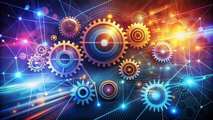 Obraz premium Vibrant abstract background with retro-futuristic office icons, gears, and lines converging to represent modern business, technology, and innovative design concepts.