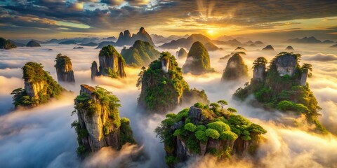 Majestic floating mountain islands with lush greenery and misty waterfalls hover above a vast sea of clouds, bathed in soft, serene, golden light.
