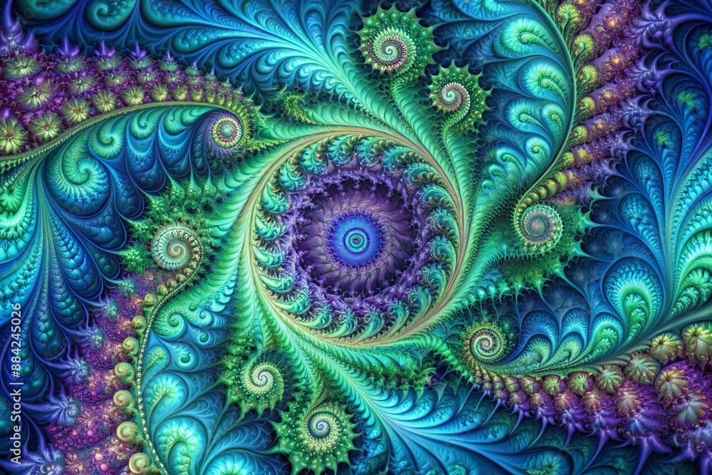 Poster vibrant intricate fractal pattern featuring swirling shapes and lines in shades of blue, green, and 