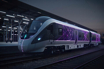 Naklejka premium Futuristic high speed train with a futuristic light pattern in the dark. Generated by AI.