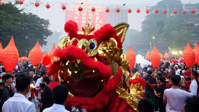 Lion Dance Performance During Evening Festival in City
