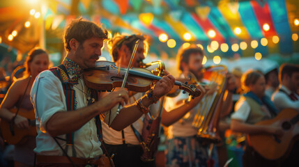 Fototapeta premium Colorful folk music band performing in vibrant outdoor festival at sunset