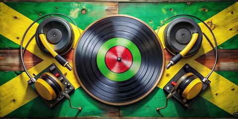 Colorful turntables, headphones, and vinyl records on a vibrant background of Jamaican flags and reggae-inspired graffiti, capturing the essence of a lively International Reggae Day celebration.