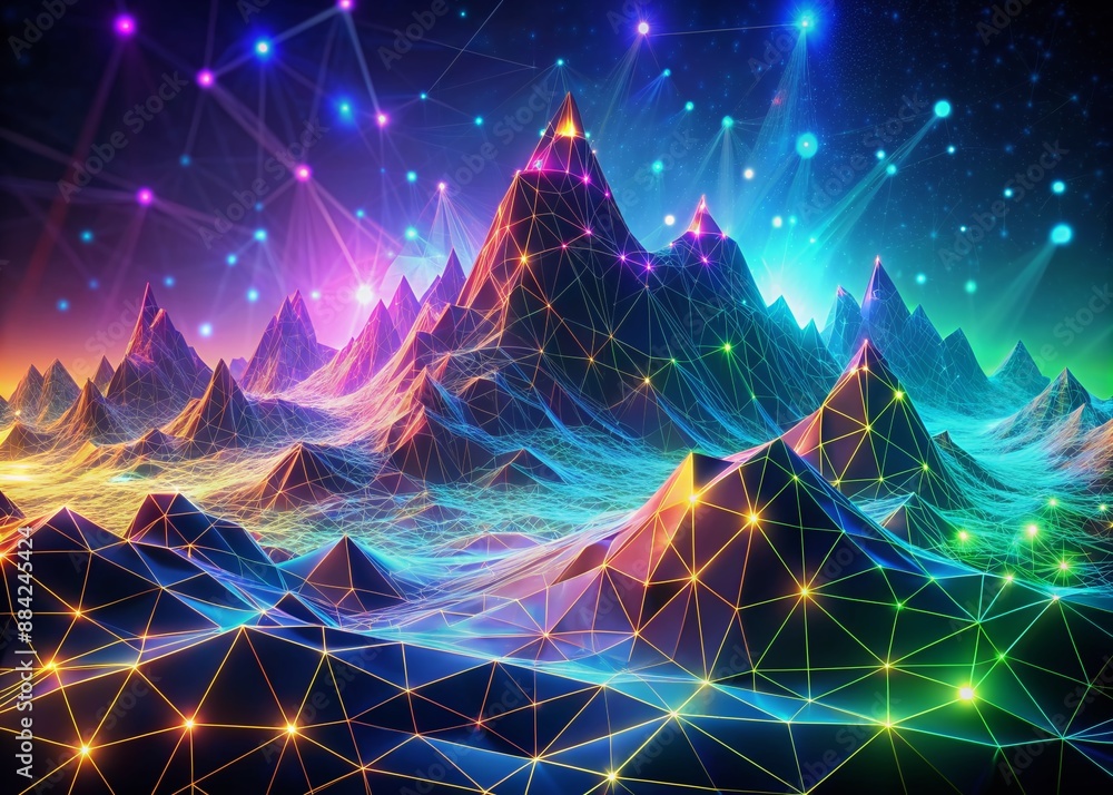 Poster vibrant abstract digital mountain landscape featuring interconnected dots and lines creating a futur