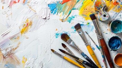 Obraz premium Paint brushes and a palette resting on a canvas covered in vibrant oil paints