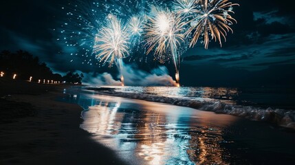Fototapeta premium Fireworks Display Over the Ocean at Night