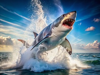 Fototapeta premium Fierce great white shark breach with jaws wide open, revealing razor-sharp teeth, against a bright blue ocean background with sunlit water splashes around.