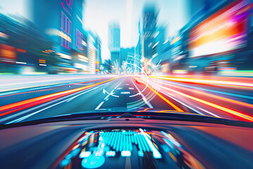 Fototapeta premium Fast speed driving in a city at night with a futuristic HUD. Generated by AI.