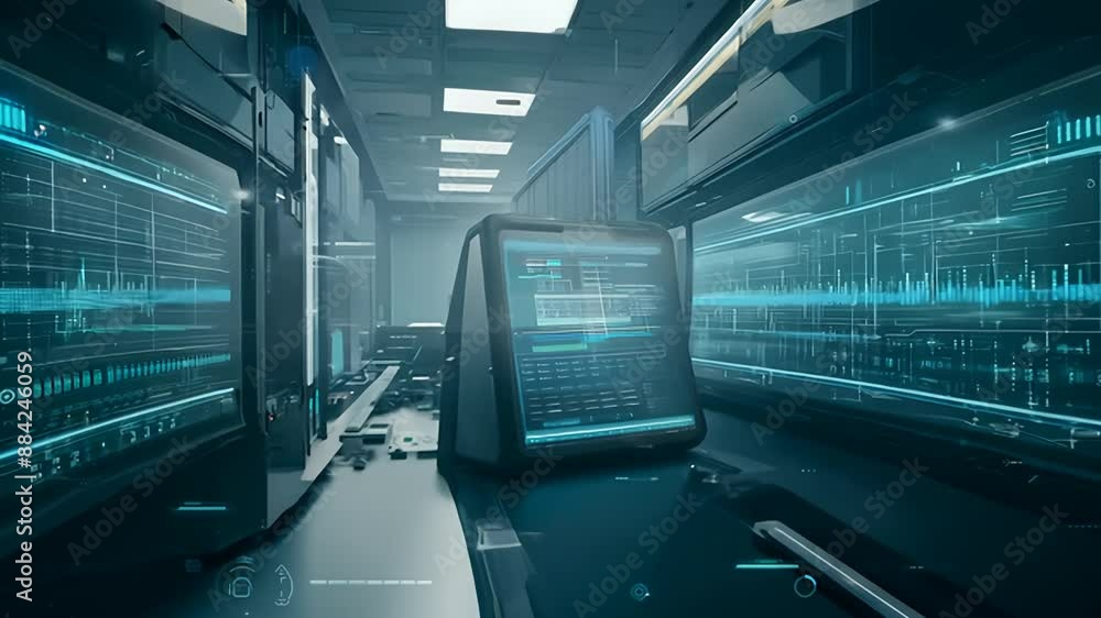 Poster modern control room with multiple screens displaying data