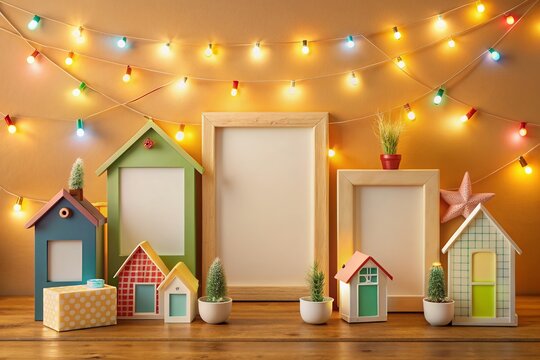 Vibrant housewarming party template featuring home-themed designs, empty frames, and ample copy space, set against a warm beige background with soft lighting effects.