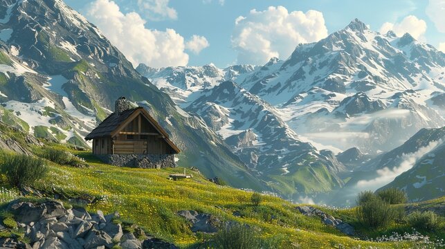 A quaint mountain hut perched on a grassy hillside against a backdrop of snow-capped peaks, offering breathtaking views and cozy shelter for hikers and adventurers.