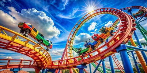 Colorful rollercoaster cars soaring through loops and corkscrews against a bright blue summer sky, capturing the thrill of a family fun day at an amusement park.