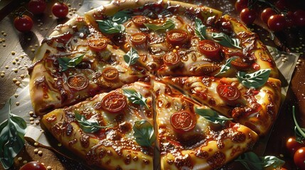 Delicious freshly baked pizza with tomatoes, basil, and mozzarella, featured on a rustic wooden surface, perfect for Italian cuisine themes.