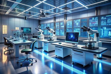 High-tech medical laboratory featuring futuristic equipment, microscopes, petri dishes, and robotic arms amidst a backdrop of coding screens and futuristic computational infrastructure.