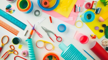 Colorful crafting tools and supplies arranging a flat lay over a designer's desk