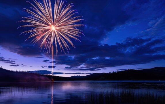 Spectacular Fireworks Over Tranquil Lake at Twilight with Silhouetted Forest and Mountains