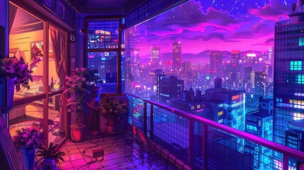 Urban Balcony at Night with Vibrant Cityscape and Neon Lights