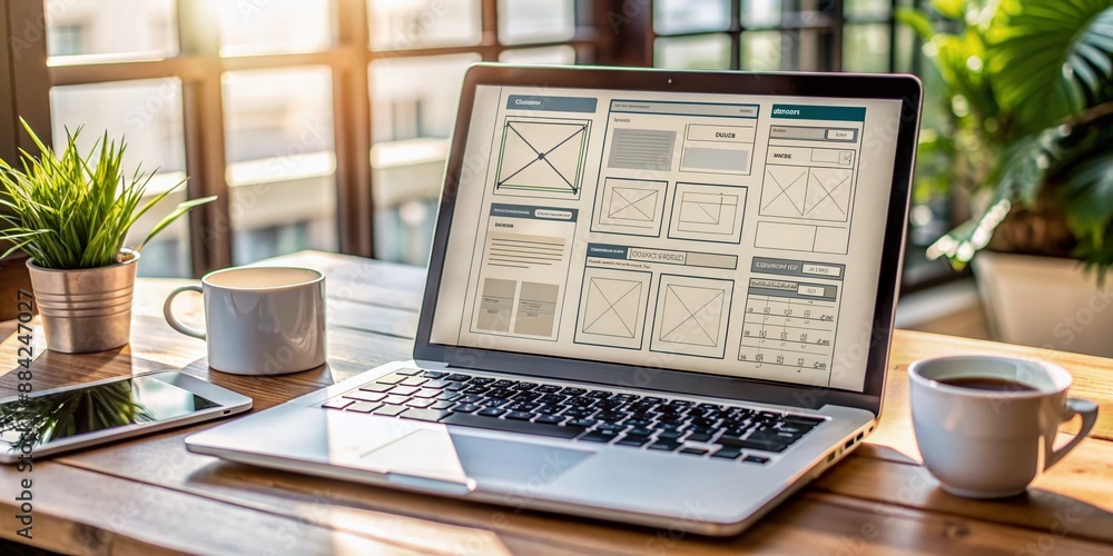 Poster modern laptop displays wireframe portal website design on screen, surrounded by design tools, notes,